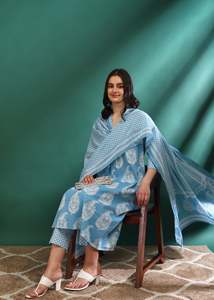 Kurta en coton pour femmes, imprimé Buta, coupe A, avec pantalon à bas élastique et dupatta, longueur mollet, col en V, manches trois quarts, bleu - Product Image 4