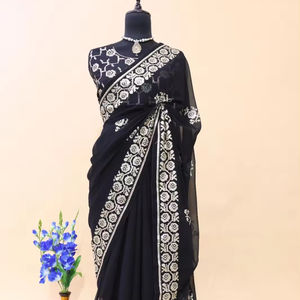 Couleur noire Belle Georgette Saree avec paillettes et travaux de broderie, saree Wedding Wear, saree Designer Party Wear. - Product Image 1