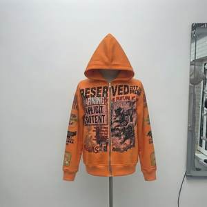 Sweat à capuche zippé pour homme Orange, style streetwear, avec imprimé graphique et détails en strass, coupe oversize, matière polaire - Product Image 1