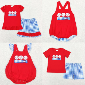 In Stock Baby Girls <b>Clothes</b> Outfits Embroidery Baseball Red Short Sleeve Blue Plaid Shorts Set - Product Image 1