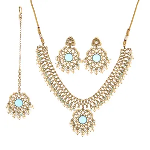 Antique Moti Delicate Necklace Set With Mehndi Plating 212258 Available At Reasonable Price