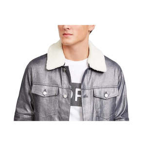 For Michael Kors Men's Large <b>Silver</b> Metallic Denim Moto Biker <b>Jacket</b> Shearling Collar Distressed Finish Button Patchwork Print - Product Image 2