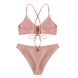 Conjunto de bikini acanalado con aros para mujer, top halter cruzado, braguita hipster, color liso, elástico, sin costuras, traje de baño de 2 piezas - Product Image 2