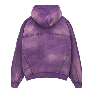 Sweat à capuche vintage pour homme, surdimensionné, à épaules tombantes, avec broderie délavée, fermeture éclair, rivets et strass - Product Image 2