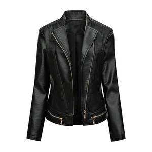 Women's Classic Zipper Short Motorcycle Leather Jacket Korean Casual Version Slim PU with Cotton Filled Knitted Processing - Product Image 2