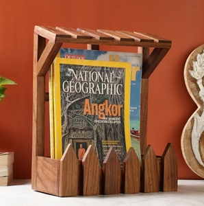 Revistero Sheesham Wood Hut hecho a mano con opción de montaje en pared Revistero de madera Estante Cesta de almacenamiento decorativa - Product Image 2