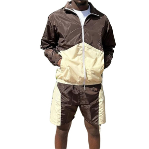 Ensemble veste et jogging deux pièces en nylon et polyester Survêtement coupe-vent de sport Ensembles de shorts de couleur contrastée pour hommes - Product Image 1