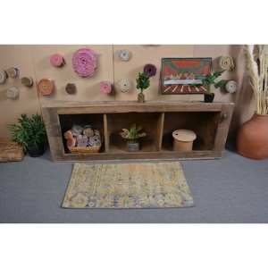 Alfombra turca vintage de 2x3,6 pies Beige azul área grande de retazos de lana con respaldo de látex rectángulo abstracto para adolescentes para pasillo - Product Image 3