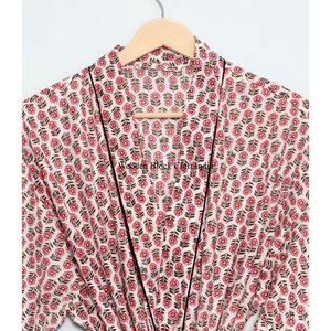 Peignoir Kimono pour femme, 100% coton, doux, imprimé numérique, col en V, longueur intégrale, manches longues, respirant, séchage rapide, été - Product Image 4