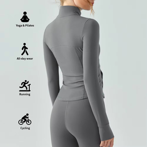 Breathable Sport Wear Front Logo Women's Full Sleeve Zip-up Yoga <b>Jacket</b> Solid Contrast Stitch Design Women's Fitness <b>Jackets</b> - Product Image 3