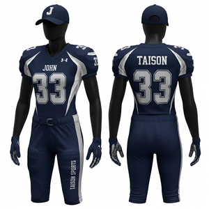 ชุดยูนิฟอร์มอเมริกันฟุตบอลหญิง ผ้าโพลีเอสเตอร์ผสมสแปนเด็กซ์คุณภาพพรีเมียม 280 GSM สีกรมท่า แถบข้างสีขาว โลโก้ปักแบบ Tackle Twill ตามสั่ง - Product Image 1