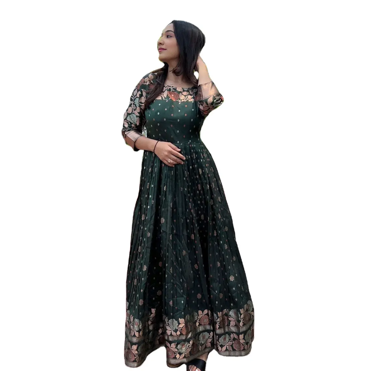 Bring out a glorious traditional gown with a with boat neck and banarasi zari weaving sleeves gown