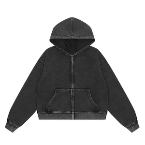 Sweat à capuche zippé en molleton de coton pour homme, décontracté, manches longues, anti-boulochage, délavage acide, avec logo personnalisé et impression en relief (OEM) - Product Image 1