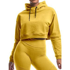 Top corto de manga larga cómodo con estampado de logotipo personalizado para mujer, sudaderas con capucha cortas para correr de algodón para gimnasio y Mujer - Product Image 3