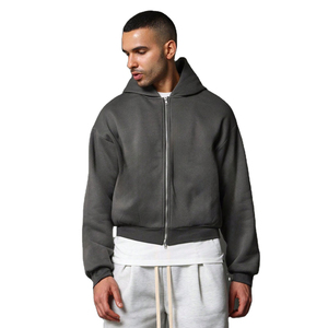 Gris foncé surdimensionné recadrée lourd épais sweats à capuche zippés hommes Logo personnalisé épaule tombante Double curseur pas cher en vrac thermique - Product Image 1