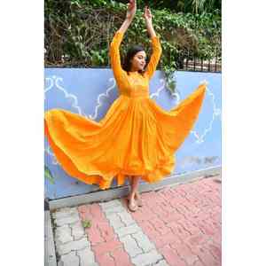 <b>Women's</b> Yellow Lehariya Anarkali <b>Kurta</b> Bollywood-Style Ethnic Cotton Salwar Suit Hand-Printed Jaipur Artisans Casual India - Product Image 1