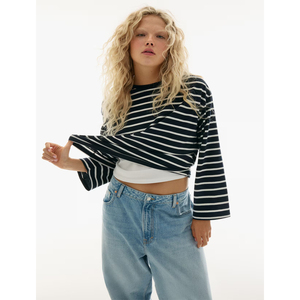 Suéter de Mujer para Invierno, Mezcla de Algodón, a Rayas, Manga Larga, Estilo Deportivo, Tejido de Punto, Jersey Holgado, Cuello Redondo, Felpa - Product Image 5