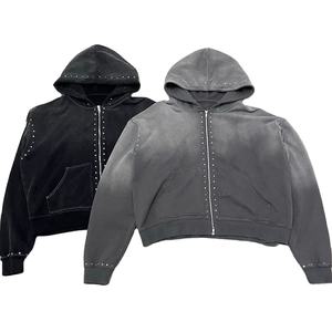 Conjunto Deportivo Personalizado para Hombre, Sudadera con Capucha y Cremallera, Estilo Holgado con Hombros Caídos, Lavado Ácido, Pantalones Deportivos de Algodón 100% con Pedrería - Product Image 3