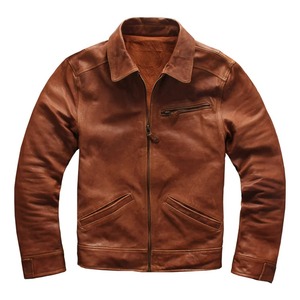 Autumn Men's Light Casual Style Brown Genuine Leather Jacket American Plus Size Real Natural Sheepskin Slim Fit Canvas Coat - Product Image 6