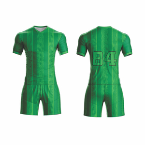 ชุดฟุตบอลลายทางสีเขียวแบบกำหนดเอง ชุดยูนิฟอร์มฟุตบอลแบบระเหิดสี ระบายอากาศ แห้งเร็ว ผ้าโพลีเอสเตอร์ 100% ชุดกีฬาสำหรับทีม - Product Image 1