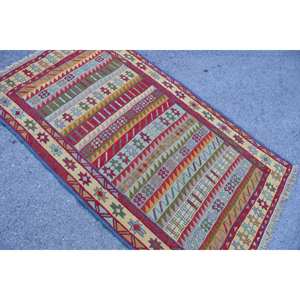 Alfombra Kilim turca Vintage de 36x63ft, lana roja con patrón abstracto y respaldo de látex para dormitorio de entrada o espacio habitable - Product Image 4