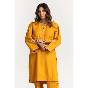 ชุดเซ็ตผ้าเครปปักลายผสมผสานสีมัสตาร์ดสำหรับผู้หญิง ชุดสองชิ้นความยาวเหนือเข่า ไซส์ XS และ XXS - Product Image 1