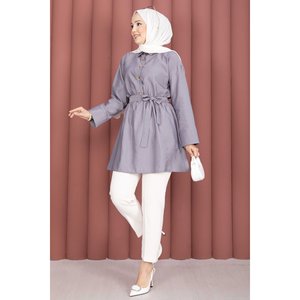 Túnica Gris con Cierre de Medio Botón, Cintura Fruncida y Elegante Decoración de Lazo - Product Image 1