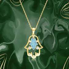 Collar con Colgante de Mano de Hamsa Vintage, 20X30MM, Engaste de Bisel, Accesorio para Fiesta de Compromiso o Boda, Latón Hecho a Mano, Agua Dulce, Certificado IGI - Product Image 2