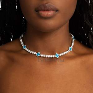 14K White Gold Plated 925 Silver Miami Cuban Link <b>Necklace</b> Fine 12mm <b>Tennis</b> Chain Blue Clover Moissanite Luxury 925 Jewelry - Product Image 1