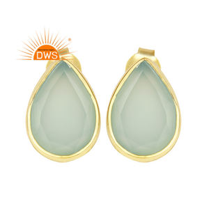 Diseñador hecho a mano plata esterlina Natural Aqua Calcedonia piedras preciosas Stud pendiente joyería fabricante - Product Image 1