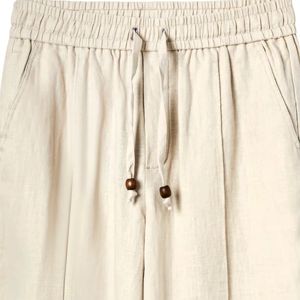 Sand linen <b>pants</b> with an elastic waist, button-fly, zippered side pocket, and sewn pleats, offering a breezy, relaxed fit - Product Image 4