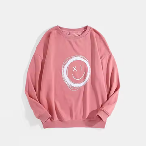 Sweat-shirt rose surdimensionné à col rond avec imprimé visage souriant blanc, pull décontracté unisexe en tricot 100% coton, vêtement d'automne - Product Image 1