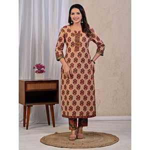 Conjunto de Kurta y Pantalón de Algodón Estampado Butta Block Rosa Beige con Dupatta Mulmul, Ropa Étnica India para Uso Diario y Fiestas, Hecho de Tela de Red - Product Image 3