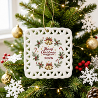 Ornement en céramique carré ajouré à motif festif personnalisé, plaque suspendue en porcelaine découpée au laser pour souvenir de la saison hivernale