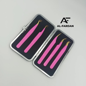 Pinces à cils rose vif avec pointe dorée, lot de 5 pièces avec boîtes cartonnées, en acier inoxydable japonais, poignée diamantée - Product Image 4