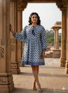 Ensemble trois pièces en imprimé à la main bleu indigo, haut court, veste et pantalon, vêtements ethniques indiens pour femmes, style bohème d'été - Product Image 6