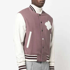 Hombres al por mayor Varsity Letterman chaqueta mezcla de lana cuerpo cuero mangas rayas acanalado Trim Stand botón a presión estilo Bombardero - Product Image 3