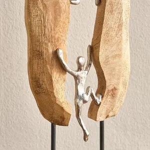 Grimpeur Sculpture Art Corps En Bois Naturel Sculpté Figurines En Métal Argent Avec Base En Bois Statues De Pièce Maîtresse - Product Image 3