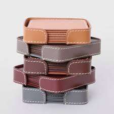 Sous-verre en cuir et fait à la main, tasse à thé et café, carré, Logo en relief, ensemble de sous-verres en cuir, produit - Product Image 4