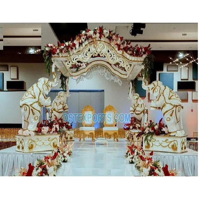 ธีมช้างวังสีขาวงานแต่งงาน mandap คู่บารมีฮินดูแบบคู่บารมีสีขาวขาว mandap งานแต่งงานแบบดั้งเดิมที่งดงามของชาวอินเดีย