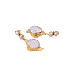 Three Stone Designer <b>Studs</b> <b>Earrings</b> with White Freshwater Pearl Uneven round Shape Collet <b>Set</b> Fancy Stylish Jewelry - Product Image 2