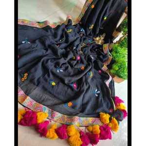 Sari de Algodón Negro con Trabajo de Espejos y Pompones, Estilo Banarasi Indio Bollywood, para Fiestas, Precio Bajo, Material Modal Organza - Product Image 1