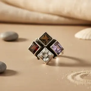 Bague géométrique en argent 925 avec pierre précieuse pour femme, bijoux en platine avec garnet plaqué rhodium, bague simple et élégante pour homme - Product Image 3