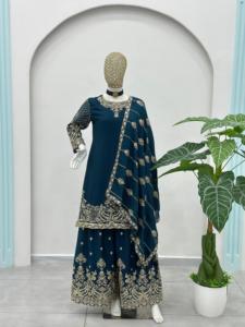 Elegant Dark Blue <b>Silk</b> Salwar Kameez With Gold Embroidery Traditional Pakistani Designer Stitched Suit Floor-Length Women's Wear - Product Image 5