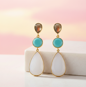 Boucles d'oreilles en quartz fumé et pierre d'eau, argent sterling 925 avec placage or 18 carats, boucles d'oreilles de créateur en forme de poire et de rond - Product Image 4