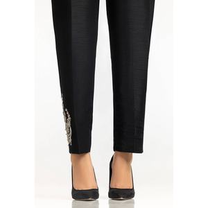 Pantalon crayon noir 100% crêpe de soie brute TR-24-30 taille mi-haute infroissable avec broderie décorative - Product Image 1