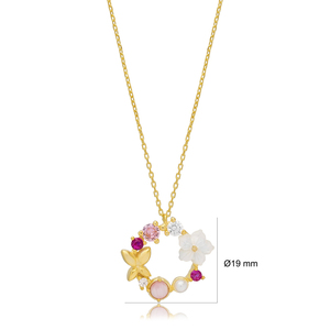 Multicolor Summer Flower Butterfly Round Charm Necklace Pendant Turkish Handmade Wholesale 925 Sterling Silver Jewelry - Product Image 3