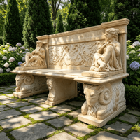 Banco de Jardín de Granito Gris Tallado a Mano con Relieve Floral Ornamental, Banco de Piedra para Exteriores de Estilo Europeo, Tamaño Personalizado