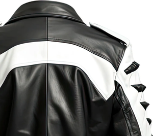เสื้อแจ็คเก็ตมอเตอร์ไซค์หนังสีน้ำเงิน ขาว ดำ สำหรับผู้ชาย แบบ Color Block สไตล์ Biker Racing ขายส่ง พร้อมซิป เข็มขัด และตกแต่งหมุดโลหะ - Product Image 6