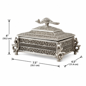 Boîte Art Déco traditionnelle indienne en métal argenté avec finition paon, coffret de rangement pour Puja, conteneur sculpté pour fruits secs, décoration de la maison pour Diwali - Product Image 5